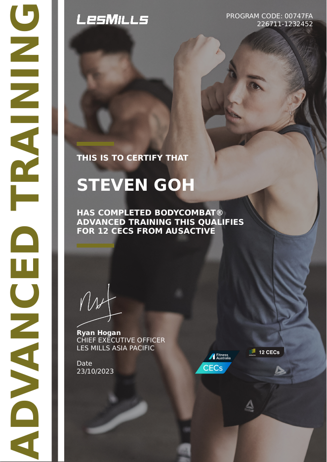 Les Mills Advanced Level Body Combat certificate for Dr. Steven Goh — 23 October 2023